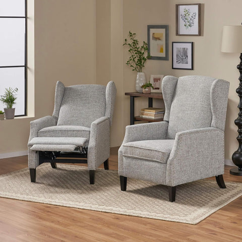 Ellyn Fabric Recliner (Set of 2), Light Gray Tweed, Dark Brown