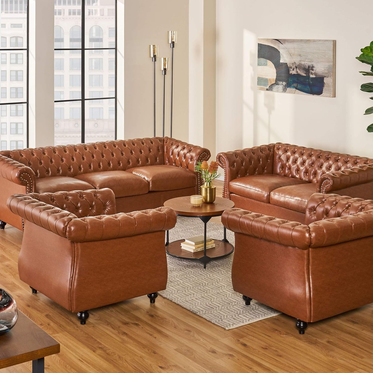 Stephanie Traditional Chesterfield 4 Piece Living Room Set, Cognac Brown, Dark Brown