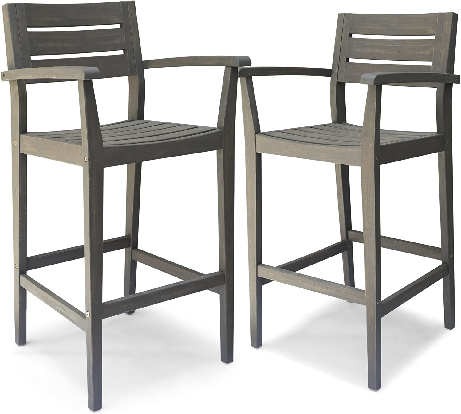 Lera Outdoor Rustic Acacia Wood Barstool (Set of 2), Gray Finish