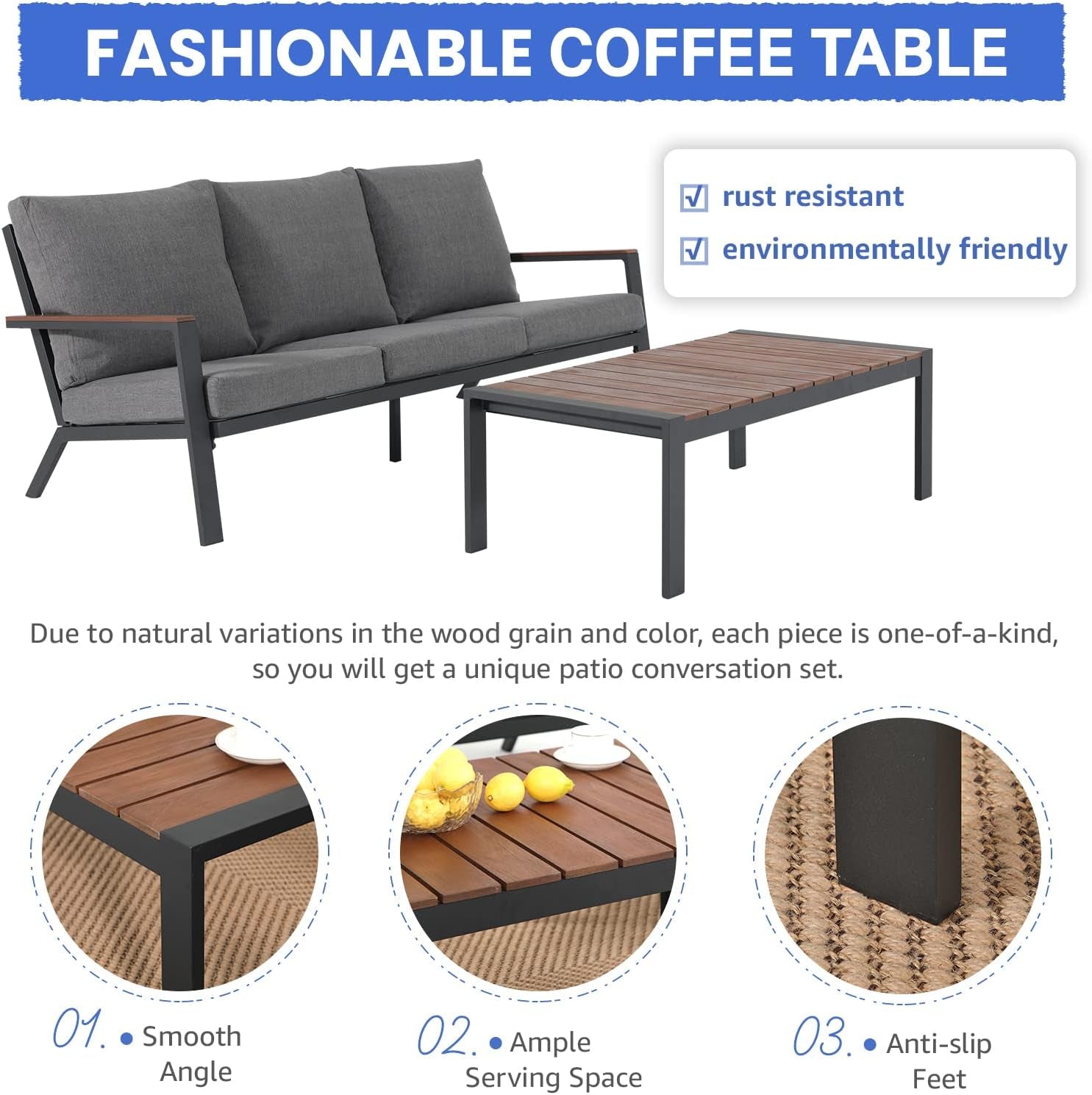 Aluminum Patio Furniture Set with FSC Certified Solid Wood Top Armrest & Coffee Table, Outdoor Deep Seating Sectional Sofa, 5 Piece Conversation Sets W/Removable Cushion, Dark Grey