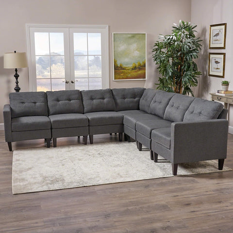 Emmie Mid-Century Modern 7-Piece Extended Sectional Sofa, Dark Grey / Dark Brown