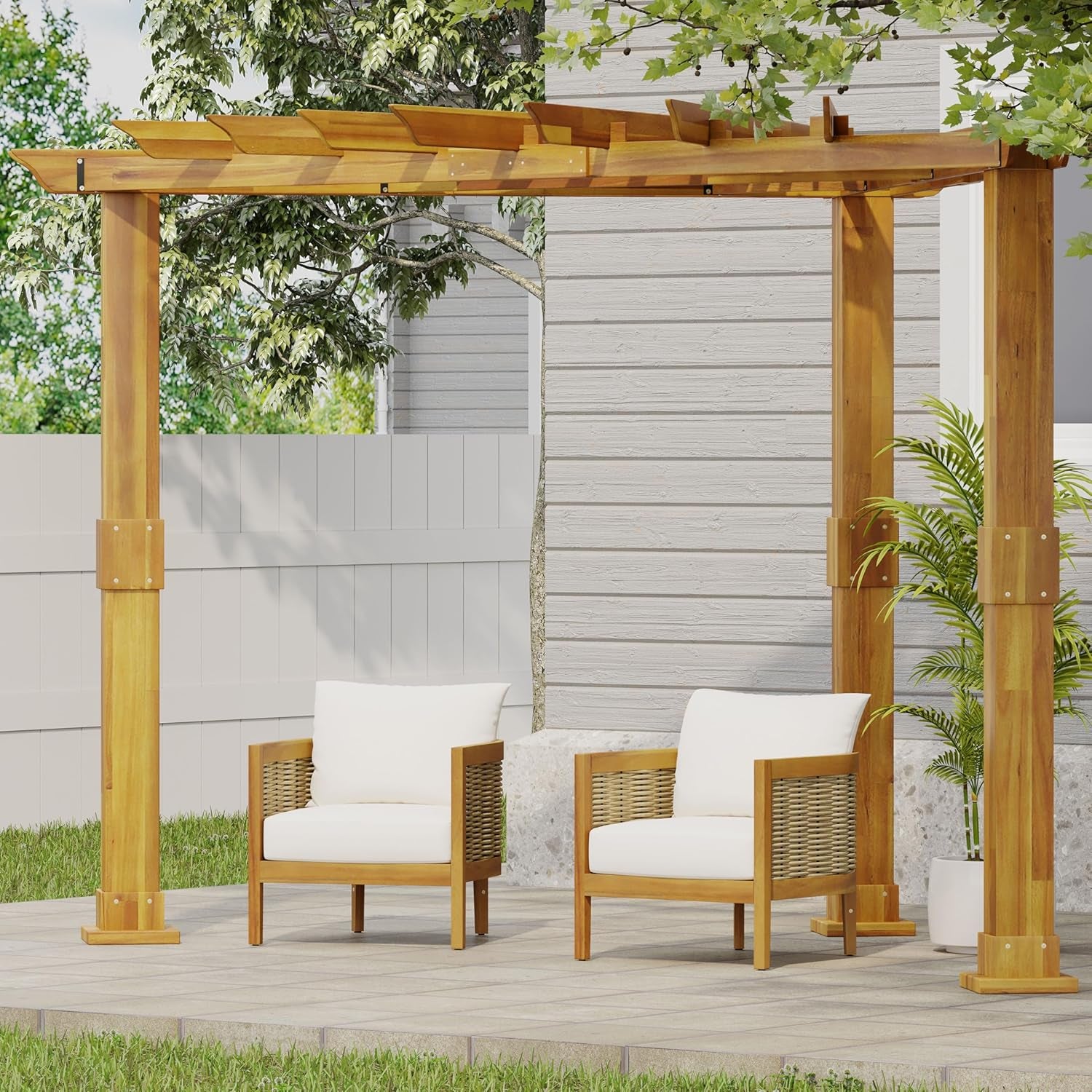 Burchett Outdoor Acacia Wood 3 Piece Club Chairs Chat Set and Triangle Pergola, 27.5 "W X 29.5 "D X 24.75 "H, Teak + Black + Mixed Brown + Beige