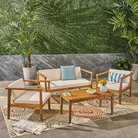 Newbury Outdoor Acacia Wood 4 Seater Chat Set with Cushions, 26.75 "W X 28.5 "D X 25.75 "H, Teak + Beige