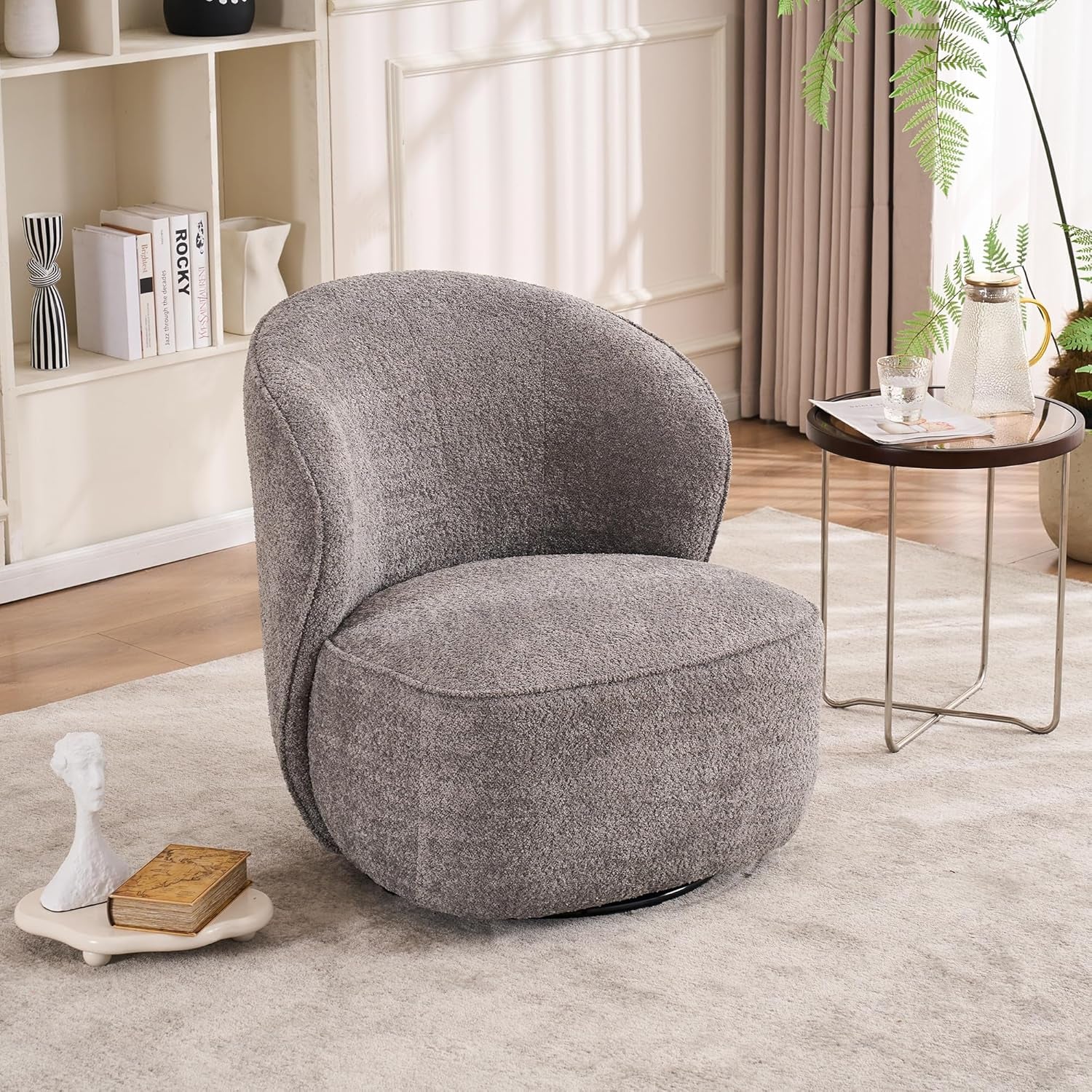 Kidol&Shellder Swivel Accent Chair Living Room Chairs Comfy Reading Chair for Bedroom Accent Chairs for Living Room Single Sofa Chair Modern Barrel Chairs Upholstered Side Boucle Chair(Gray,1)