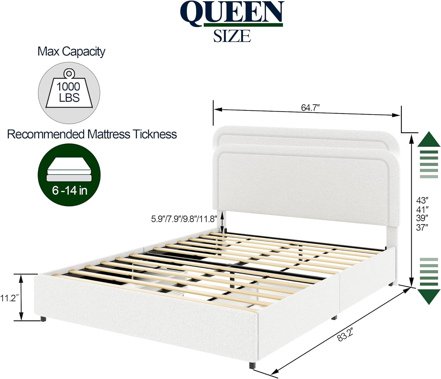 Upholstered Bed with Storage,Queen Size Platform Bed Frame with 2 Drawers,Curved Stitched Tufted Headboard, Wooden Slat Mattress Support No Box Spring Needed Easy Assembly, Ivory Boucle