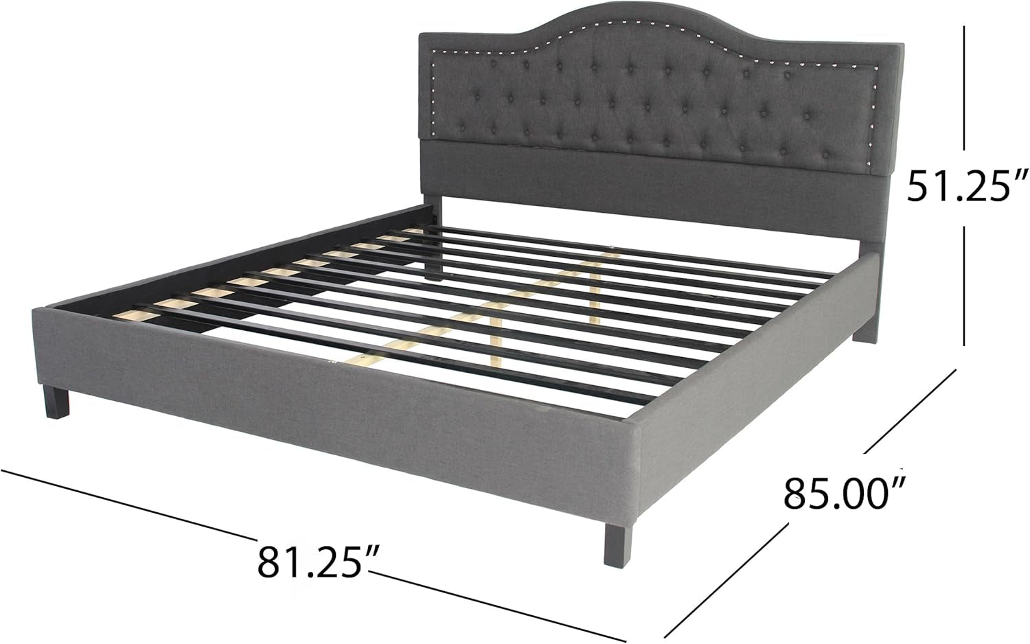 Margaret Fully-Upholstered Traditional King-Sized Bed Frame, Dark Gray, Brown