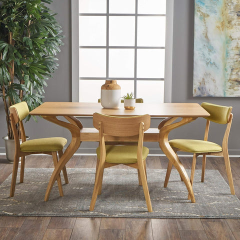 Nissie Mid-Century Wood Dining Set with Fabric Chairs, 5-Pcs Set, Natural Oak Finish / Green Tea