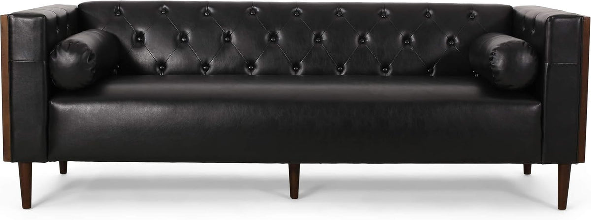 Solomon Contemporary Tufted Deep Seated Sofa with Accent Pillows, Midnight Black and Espresso