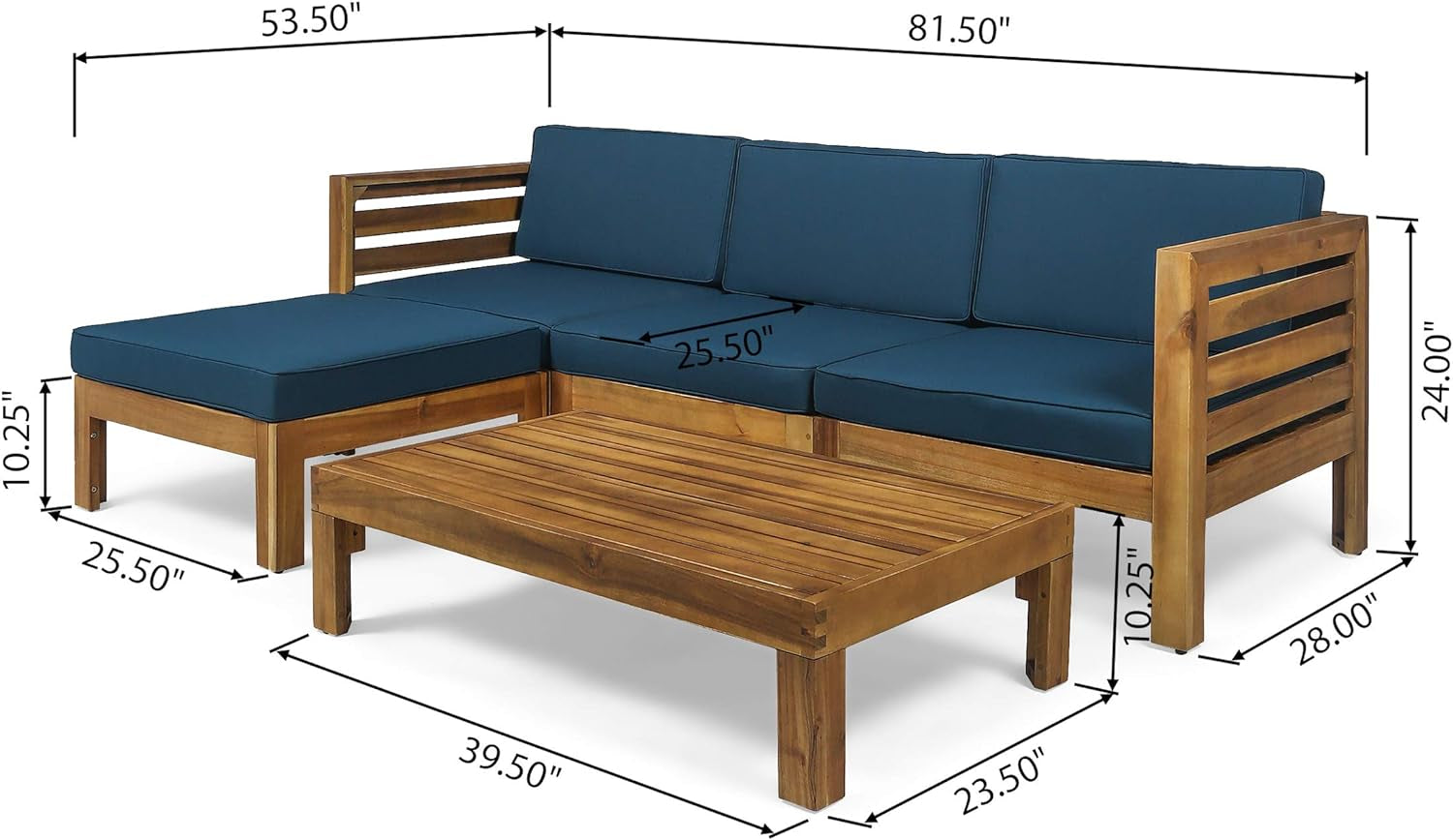 Alice Outdoor 5 Piece Acacia Wood Sofa Set, Teak Finish, Dark Teal