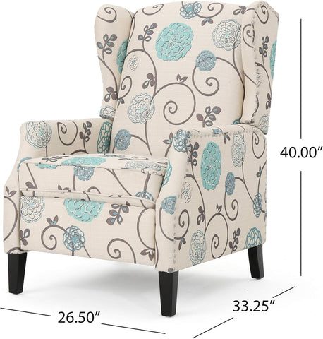 Ellyn Fabric Recliner (Set of 2), Light Beige with Blue Floral, Dark Brown