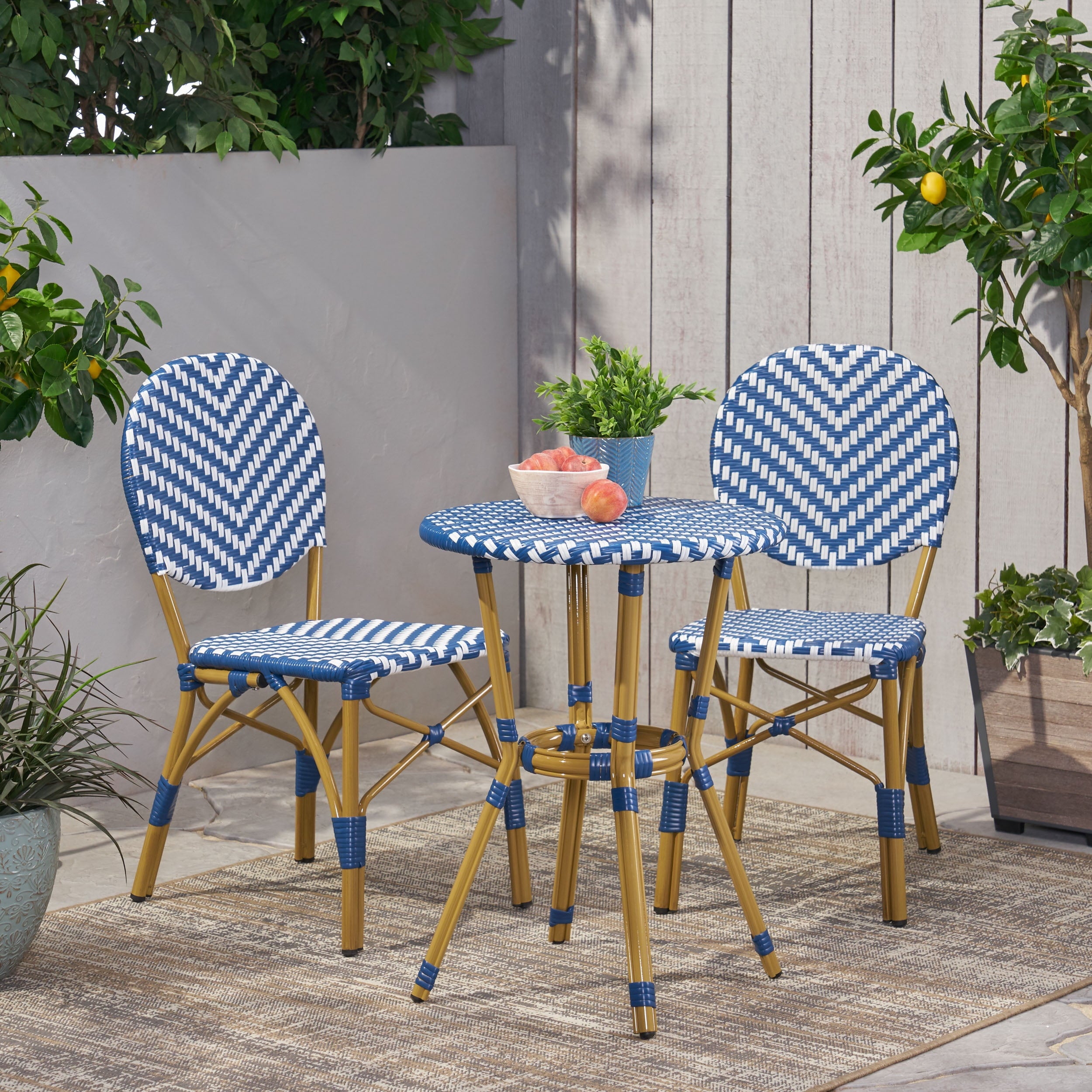 Deshler Outdoor Aluminum 3 Piece French Bistro Set, Navy Blue, White, and Bamboo Finish