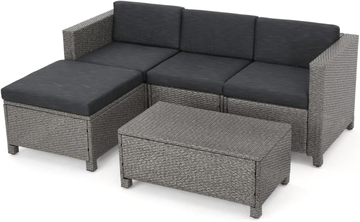 Puerta KD PE Sofa Sectional with Table, 5-Pcs Set, Mix Black / Dark Grey