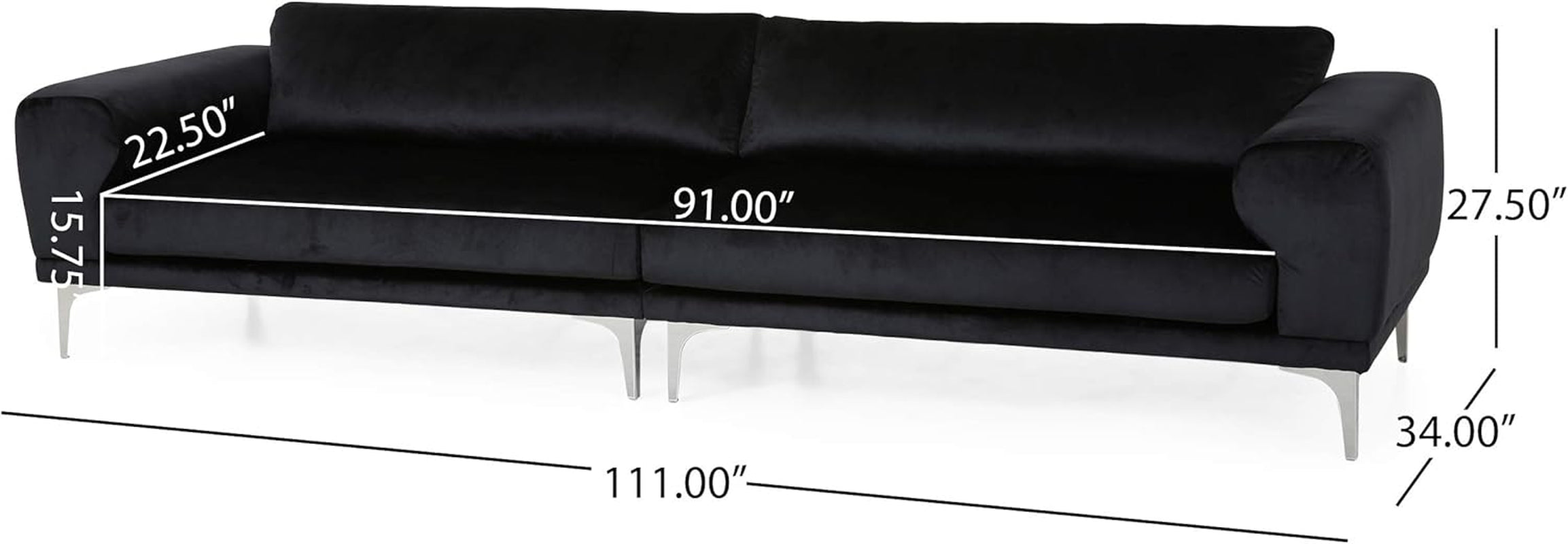 Victoria Modern Glam 4 Seater Velvet Sofa, Black, Silver