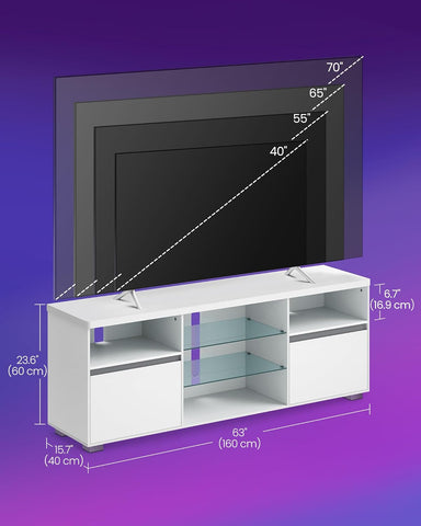 Stand with LED Lights 70 Inch, Entertainment Center with Open Glass Shelves, 2 Cabinets with Doors, 63 Long, TV Console for Bedroom Living Room, White ULTV330T10, 63 X 15.7 X 23.6 Inches