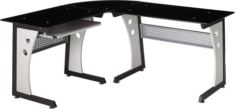 Oria L-Shaped Office Desk with Tempered Glass Top, Black / Grey