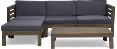 Alice Outdoor 5 Piece Acacia Wood Sofa Set, Gray Finish, Dark Gray