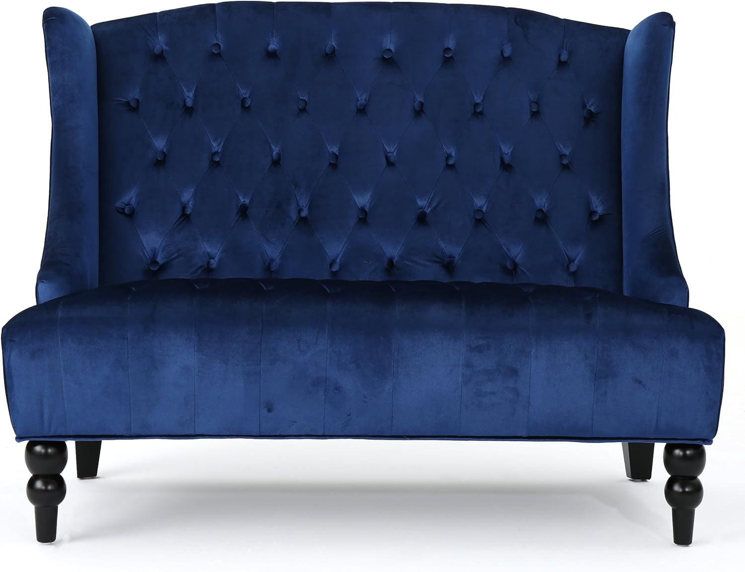 Leora Traditional Tufted Velvet Wingback Loveseat, Navy Blue / Dark Brown