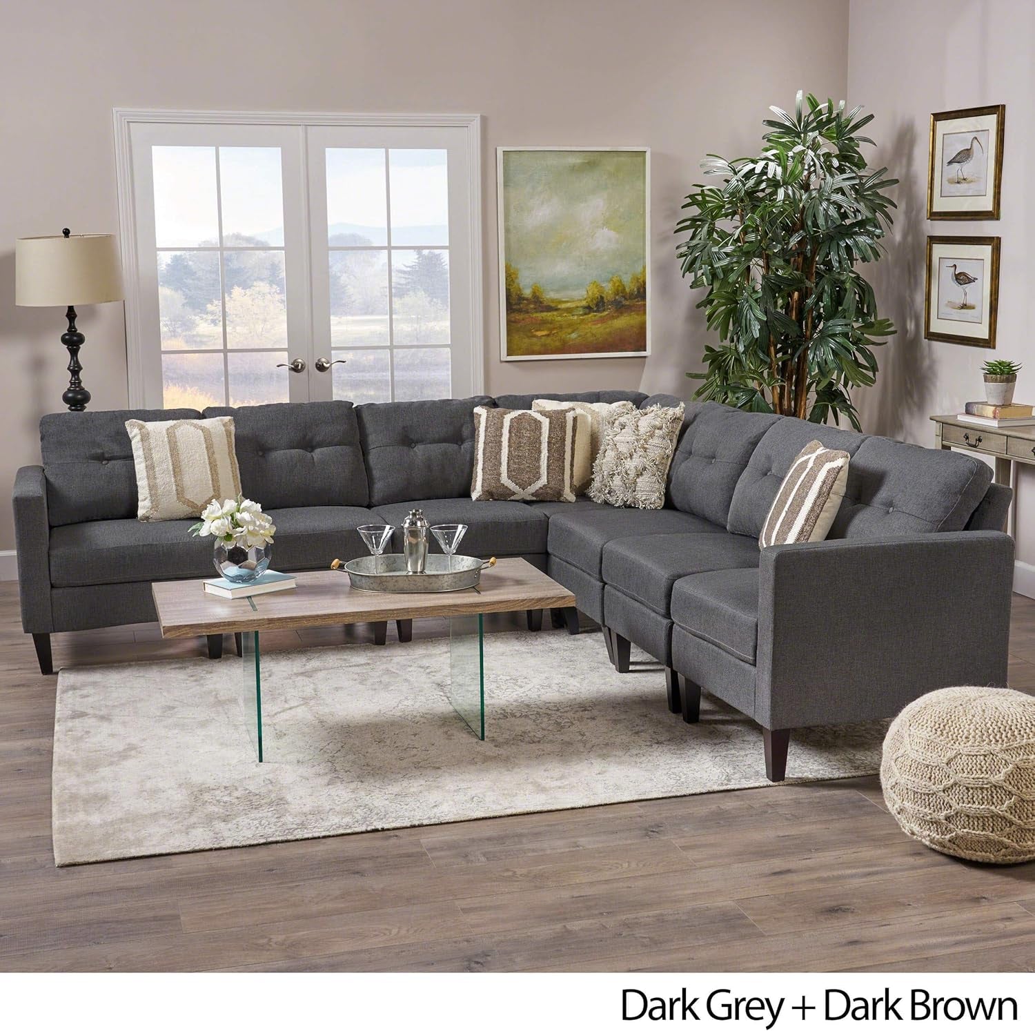 Emmie Mid-Century Modern 7-Piece Extended Sectional Sofa, Dark Grey / Dark Brown