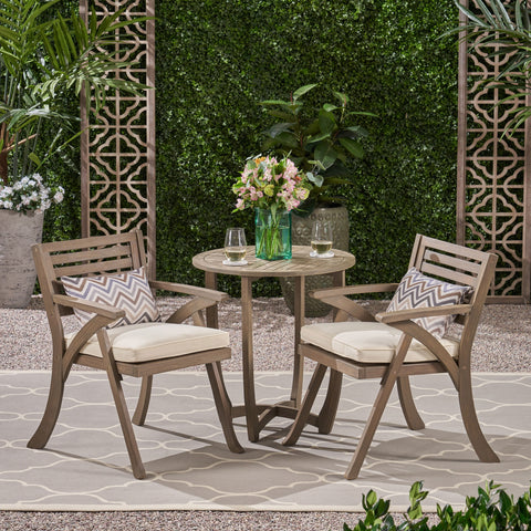 Baia Outdoor Acacia Wood 3 Piece Bistro Set with Cushion, Gray and Cream