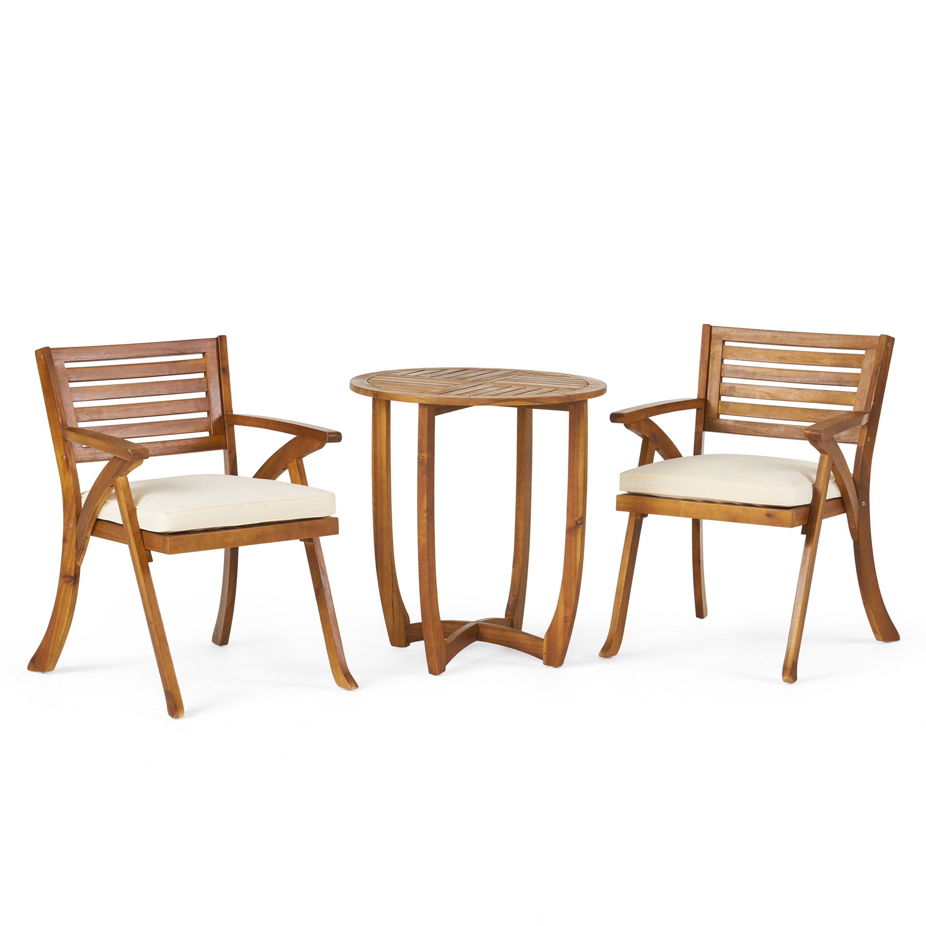 Baia Outdoor Acacia Wood 3 Piece Bistro Set with Cushion, Teak and Cream