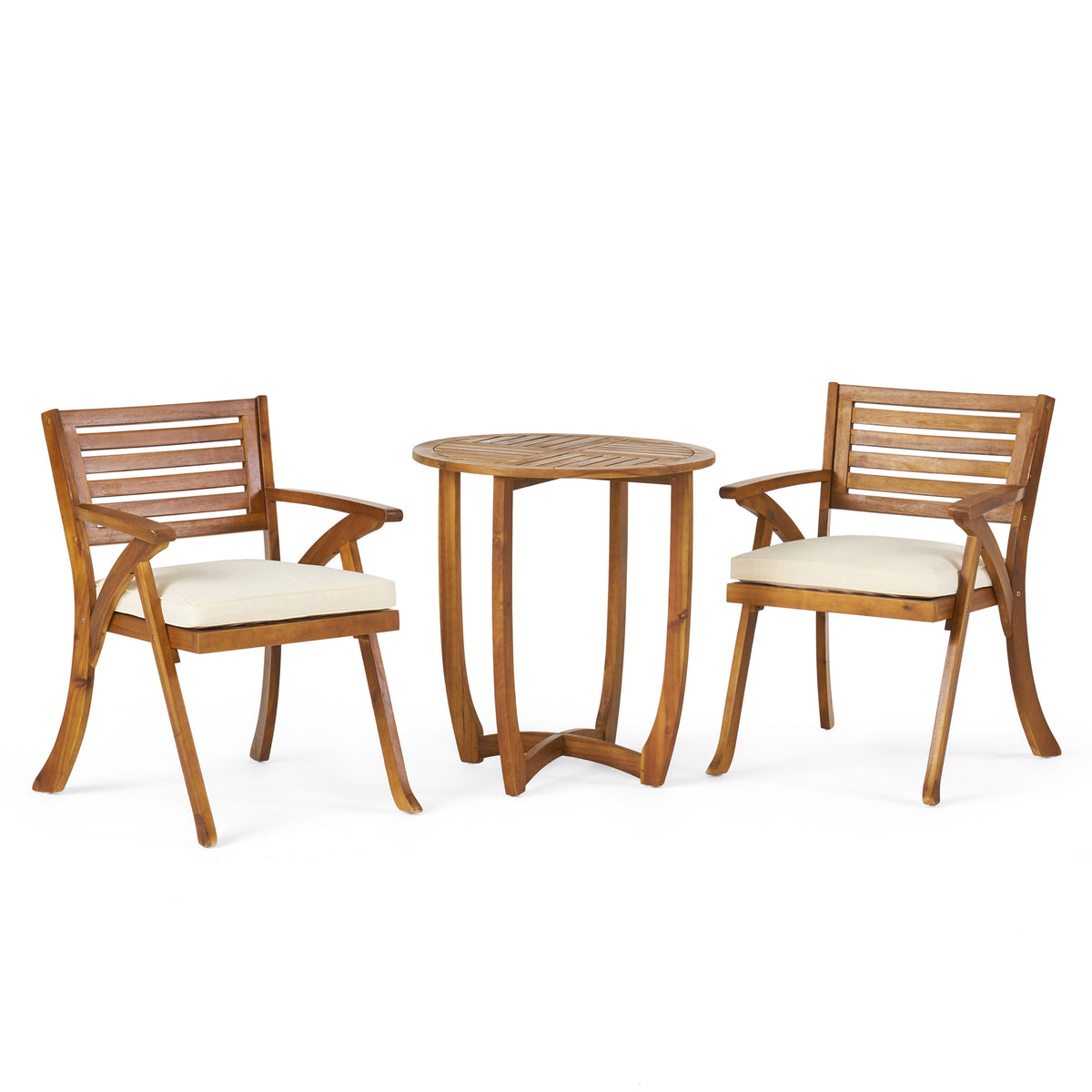 Baia Outdoor Acacia Wood 3 Piece Bistro Set with Cushion, Teak and Cream