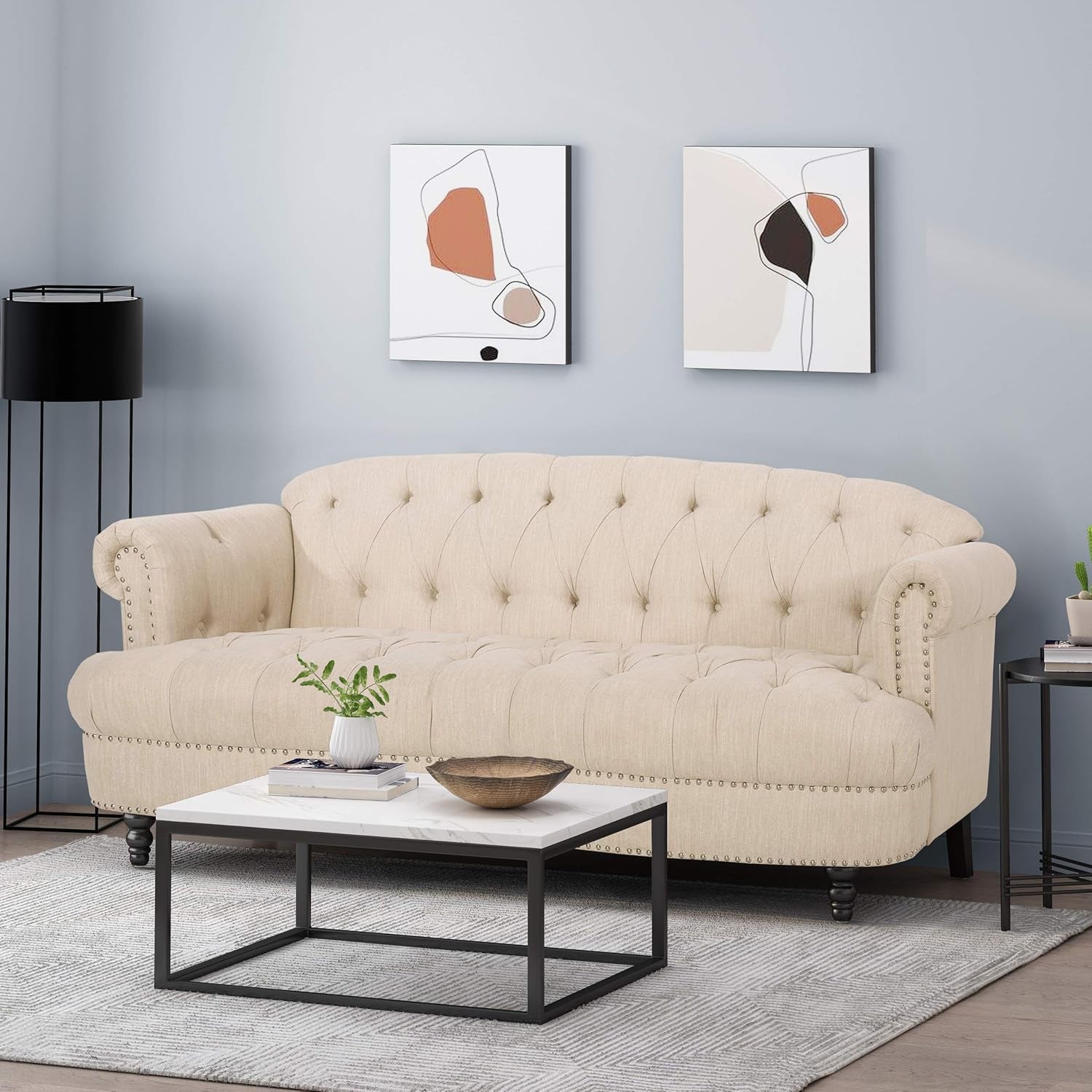 Tracy Contemporary Deep Tufted Sofa with Nailhead Trim, Beige