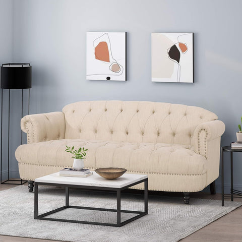 Tracy Contemporary Deep Tufted Sofa with Nailhead Trim, Beige