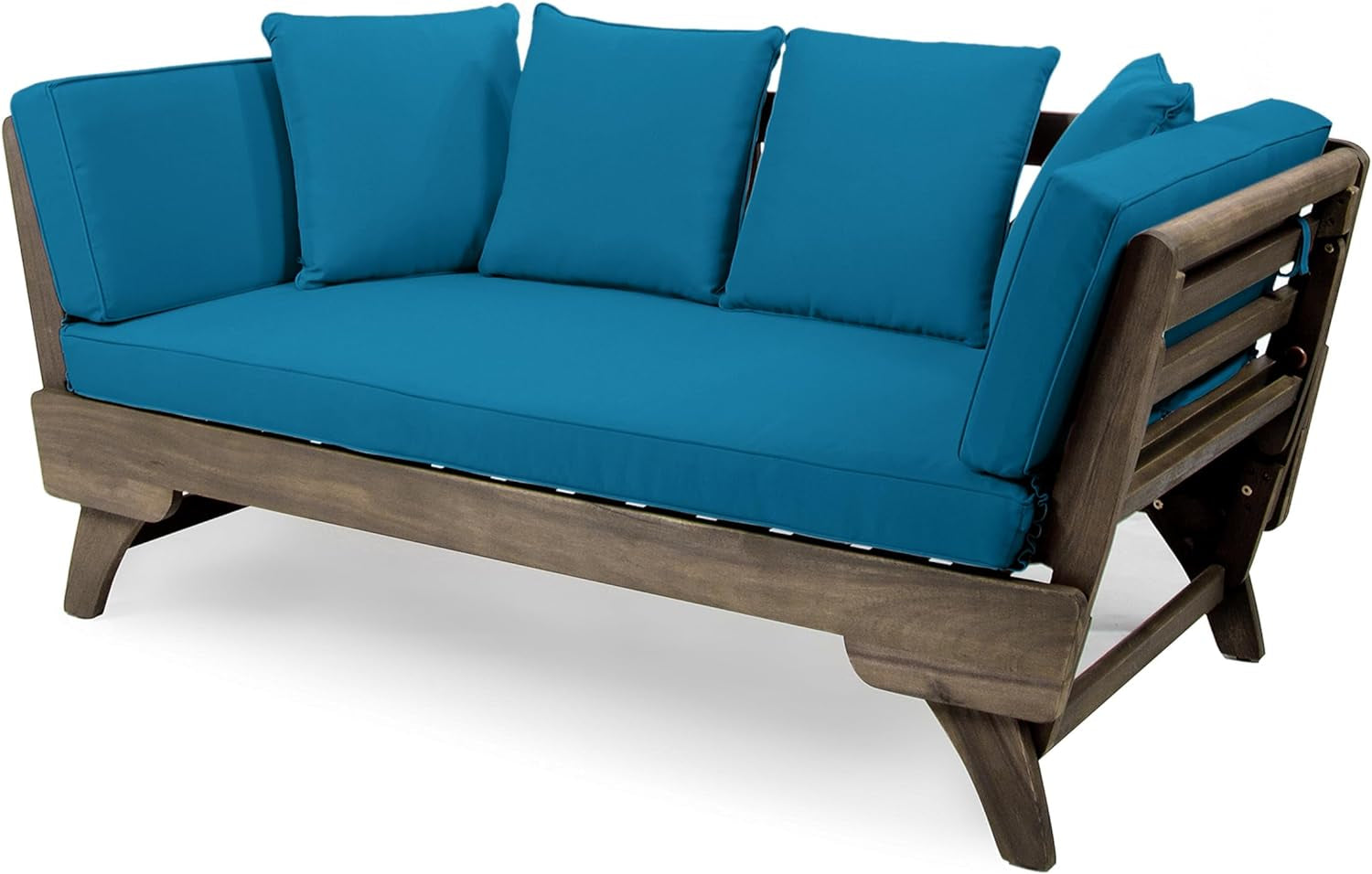 Aldrich Outdoor Acacia Wood Expandable Daybed with Water Resistant Cushions, Dark Teal and Gray