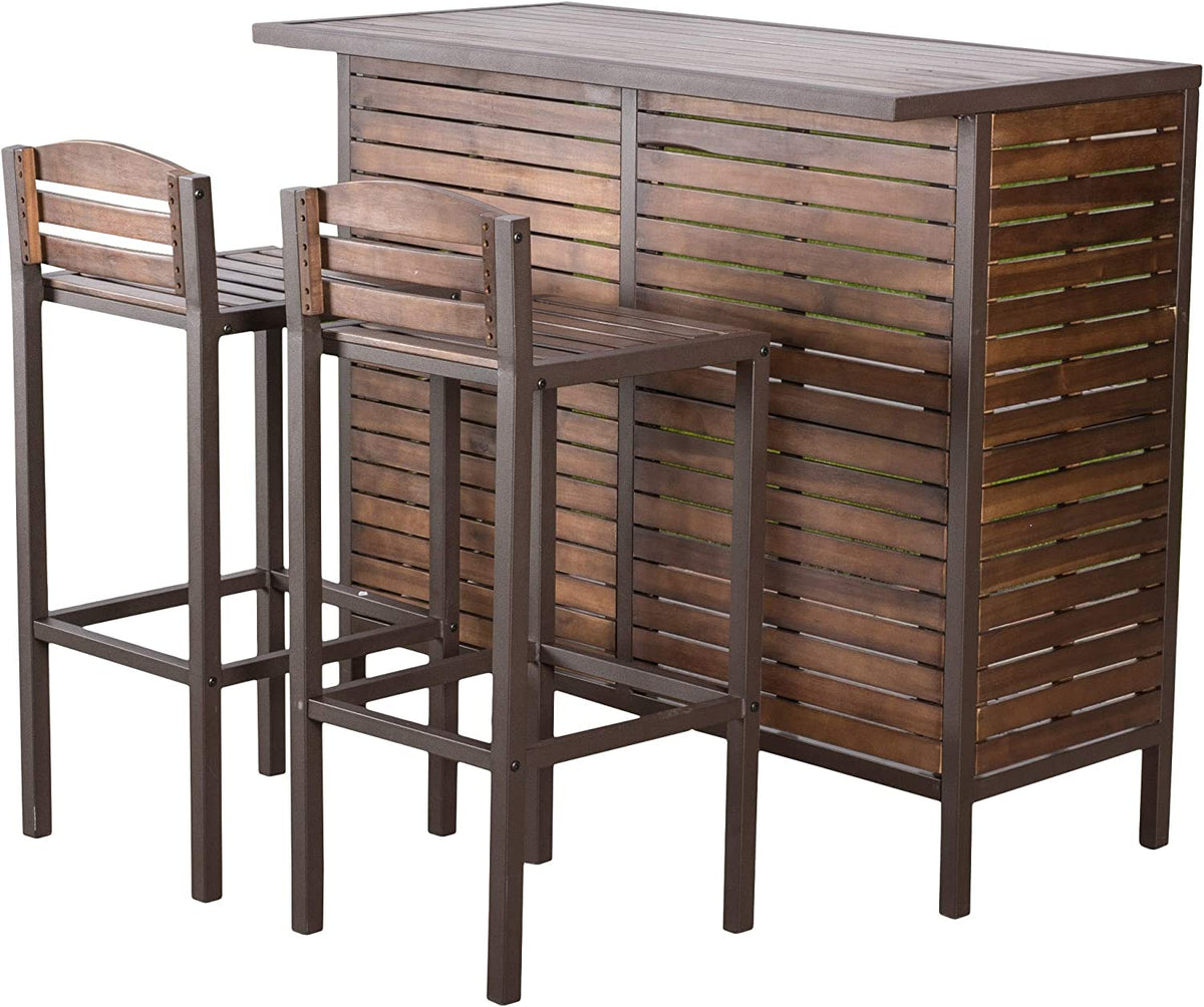 Leni Indoor Acacia Bar Set with Rustic Metal Finish Accents, Dark Brown / Rustic Metal