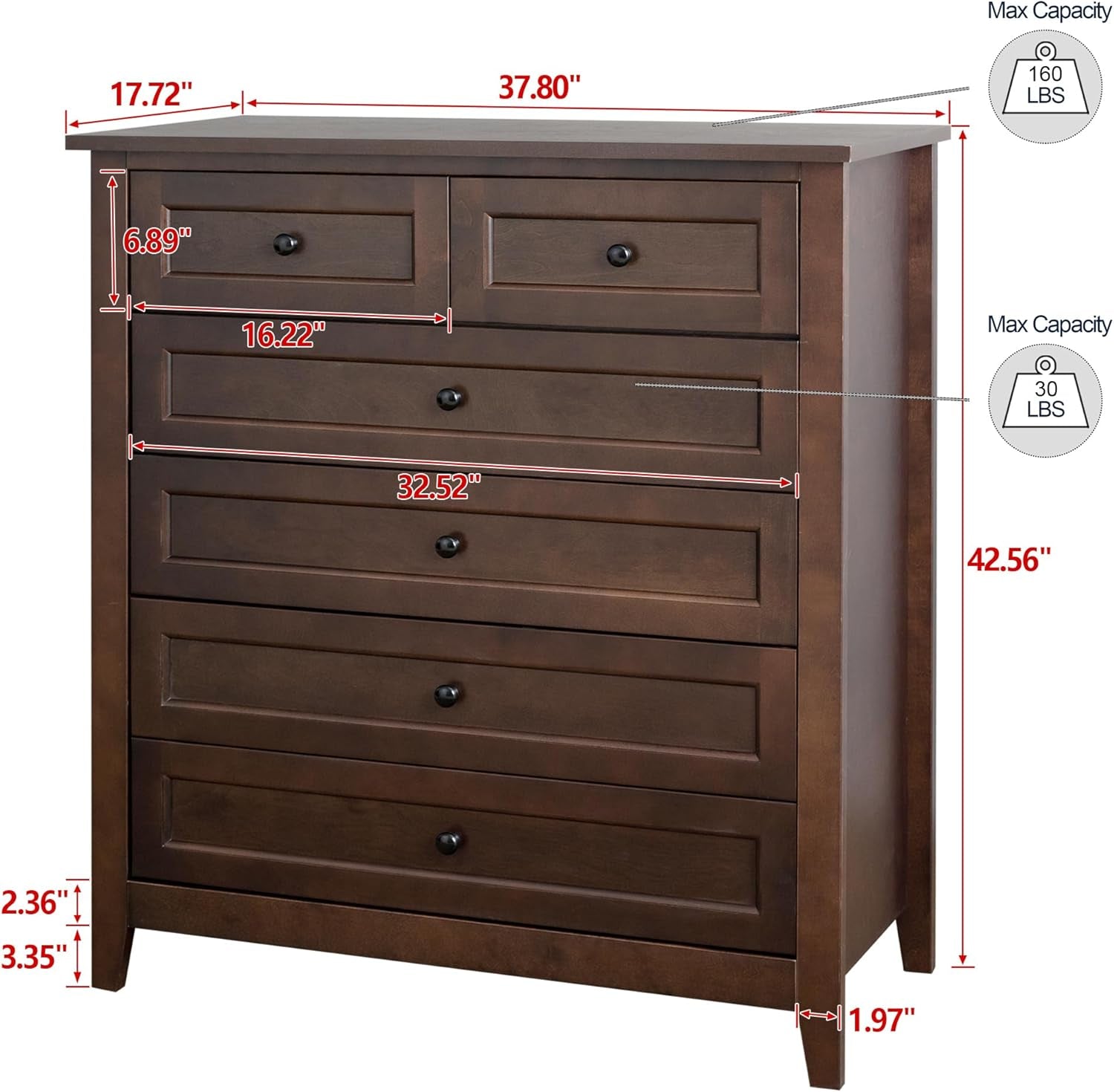 Mid Century Drawer Dresser for Bedroom,Solid Wood Tall Drawers Chest,Retro Organizer Storage Closet for Living Room Corridor,Tableware Cabinet Lockers for Dining Room Kitchen 6 Drawers Brown