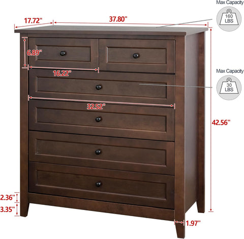 Mid Century Drawer Dresser for Bedroom,Solid Wood Tall Drawers Chest,Retro Organizer Storage Closet for Living Room Corridor,Tableware Cabinet Lockers for Dining Room Kitchen 6 Drawers Brown