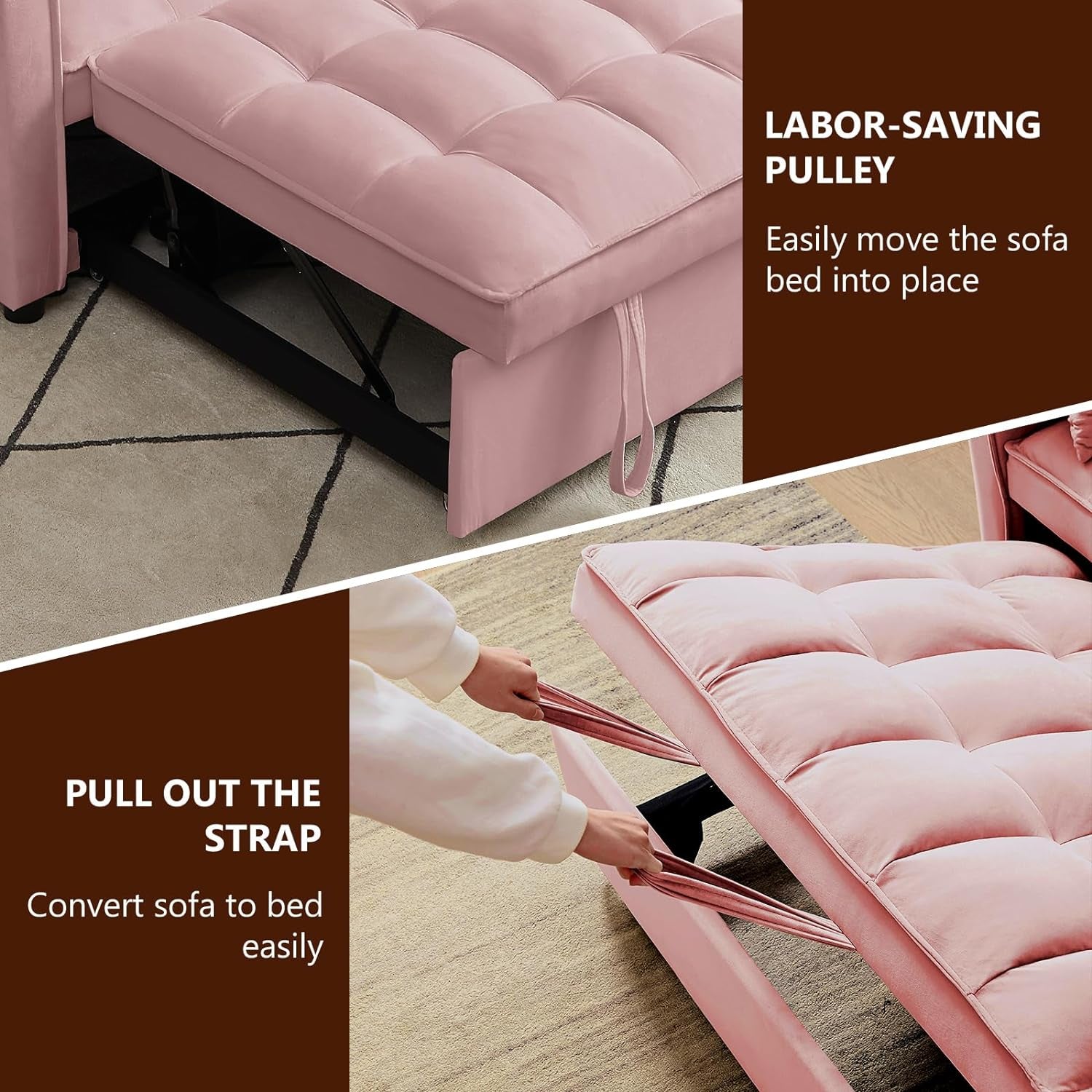 3 in 1 Sleeper Sofa Couch Bed, Pull Out Loveseat with Storage, Full Size Velvet Convertible Chair with 2 Pockets & 2 Pillows for Living Room