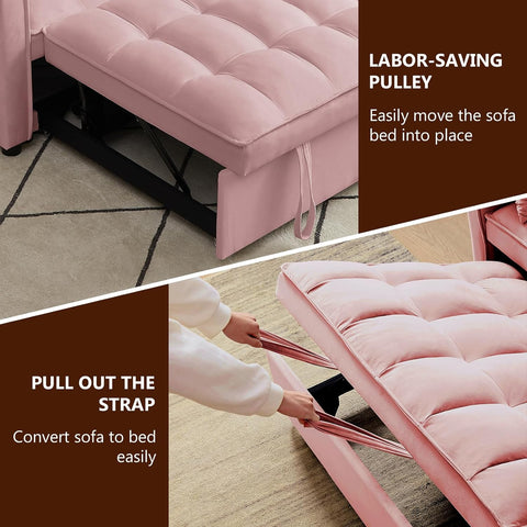 3 in 1 Sleeper Sofa Couch Bed, Pull Out Loveseat with Storage, Full Size Velvet Convertible Chair with 2 Pockets & 2 Pillows for Living Room