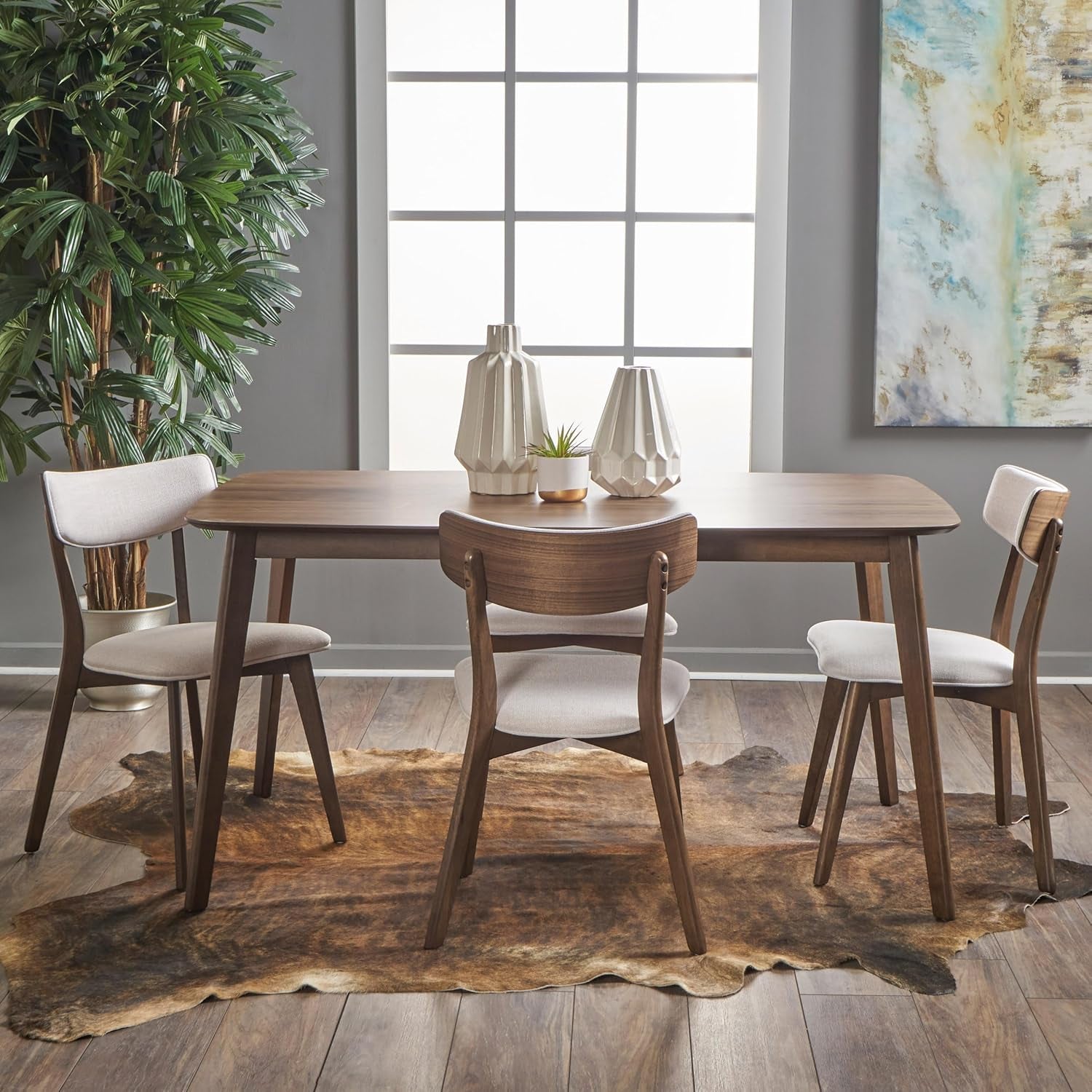 Alma Mid-Century Wood Dining Set with Fabric Chairs, 5-Pcs Set, Natural Walnut / Light Beige