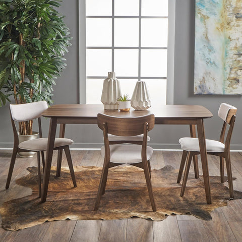 Alma Mid-Century Wood Dining Set with Fabric Chairs, 5-Pcs Set, Natural Walnut / Light Beige