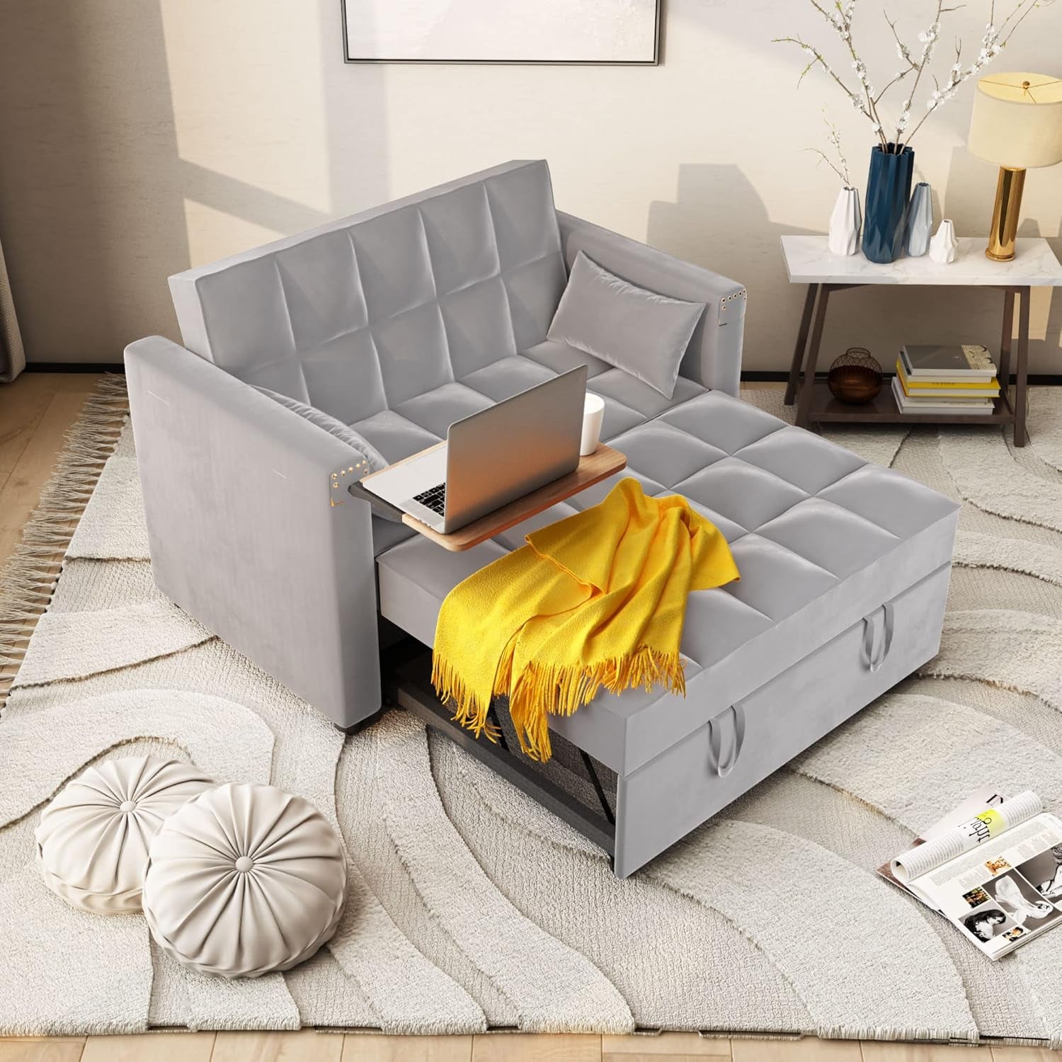 3 in 1 Multi-Functional Convertible Sleeper Sofa Bed, Modern Loveseat Sofa Couch Velvet Pull Out Bed with Reclining Adjustable Backrest &Hidden Table for Apartment Living Room Bedroom,Grey