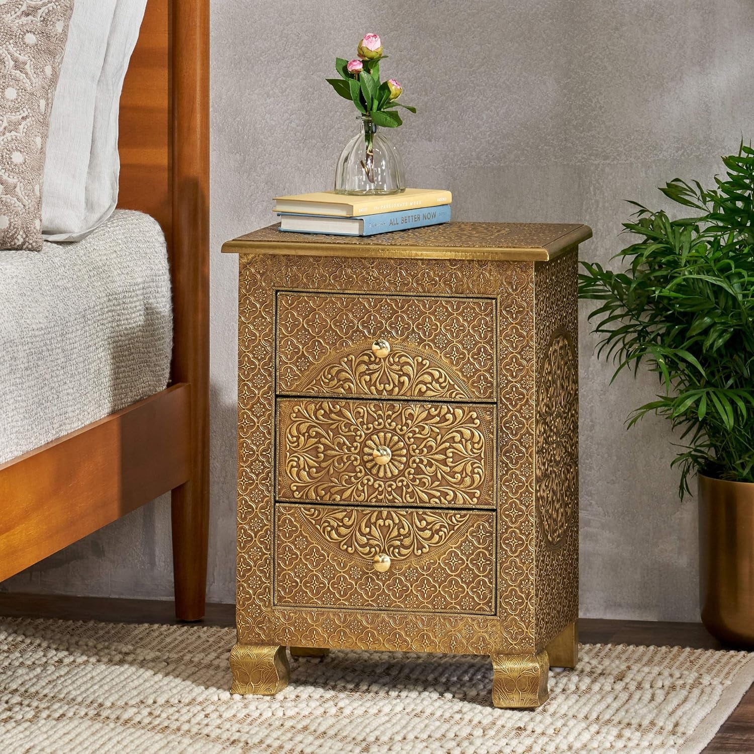 Upson Handcrafted Boho 3 Drawer Nightstand, Gold