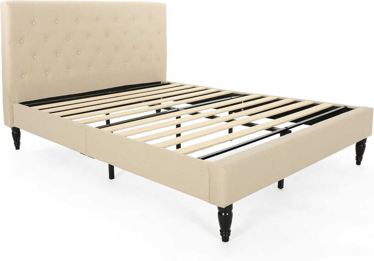 Agnes Fully-Upholstered Queen-Size Platform Bed Frame, Low-Profile, Contemporary, Beige, Dark Brown