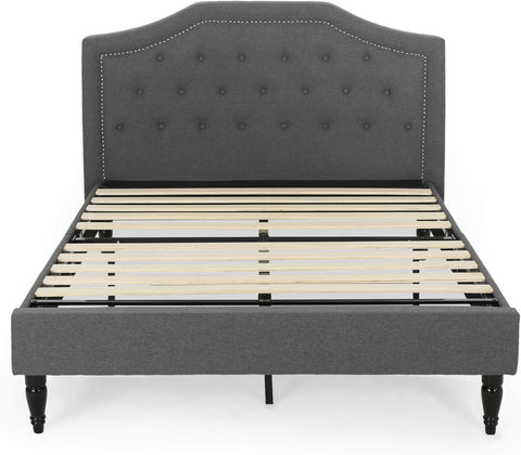 Renee Contemporary Low Profile Fully Upholstered Fabric Platform Bed Frame, Queen, Charcoal Gray, Dark Brown