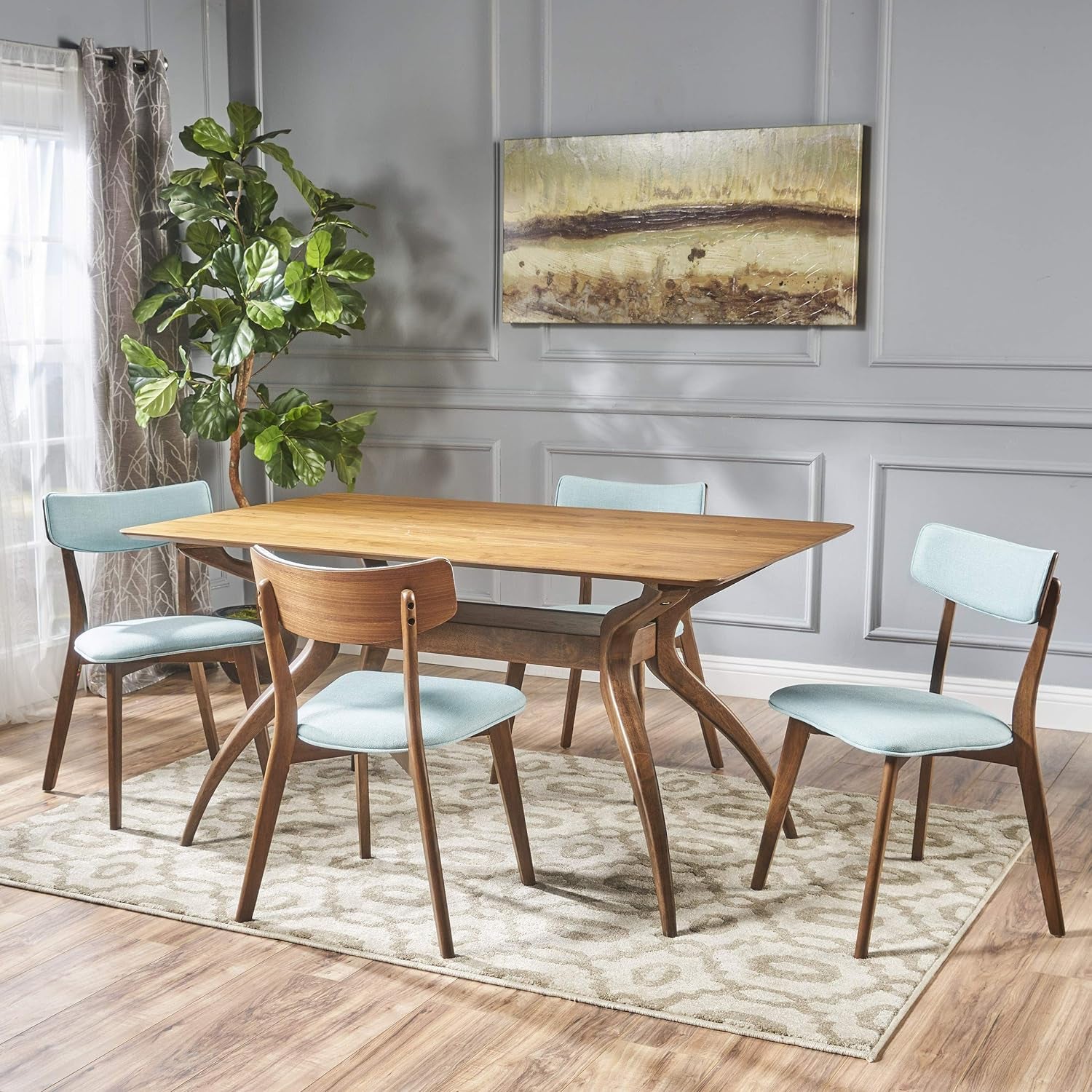 Nissie Mid-Century Wood Dining Set with Fabric Chairs, 5-Pcs Set, Natural Walnut Finish / Mint