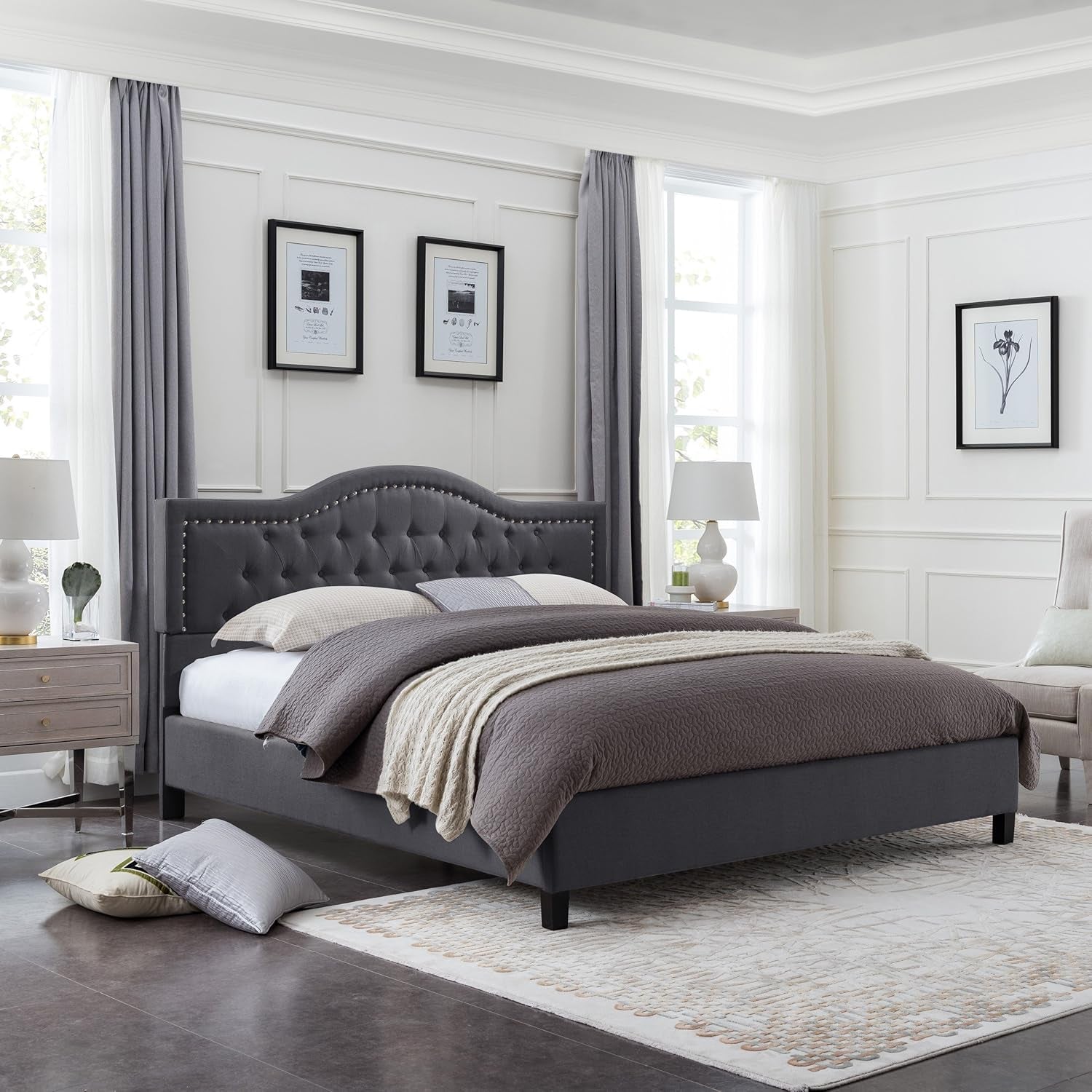 Jacko Fully-Upholstered Traditional Queen-Sized Bed Frame, Dark Gray, Brown