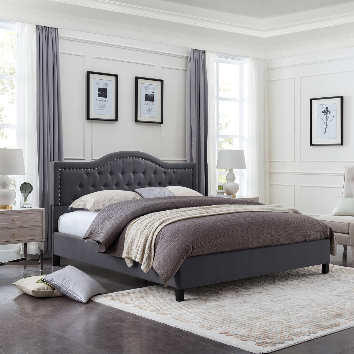 Jacko Fully-Upholstered Traditional Queen-Sized Bed Frame, Dark Gray, Brown