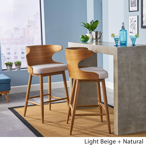 Gdfstudio  Truda Mid Century Modern Fabric Barstools Set of 2 in Light Beige