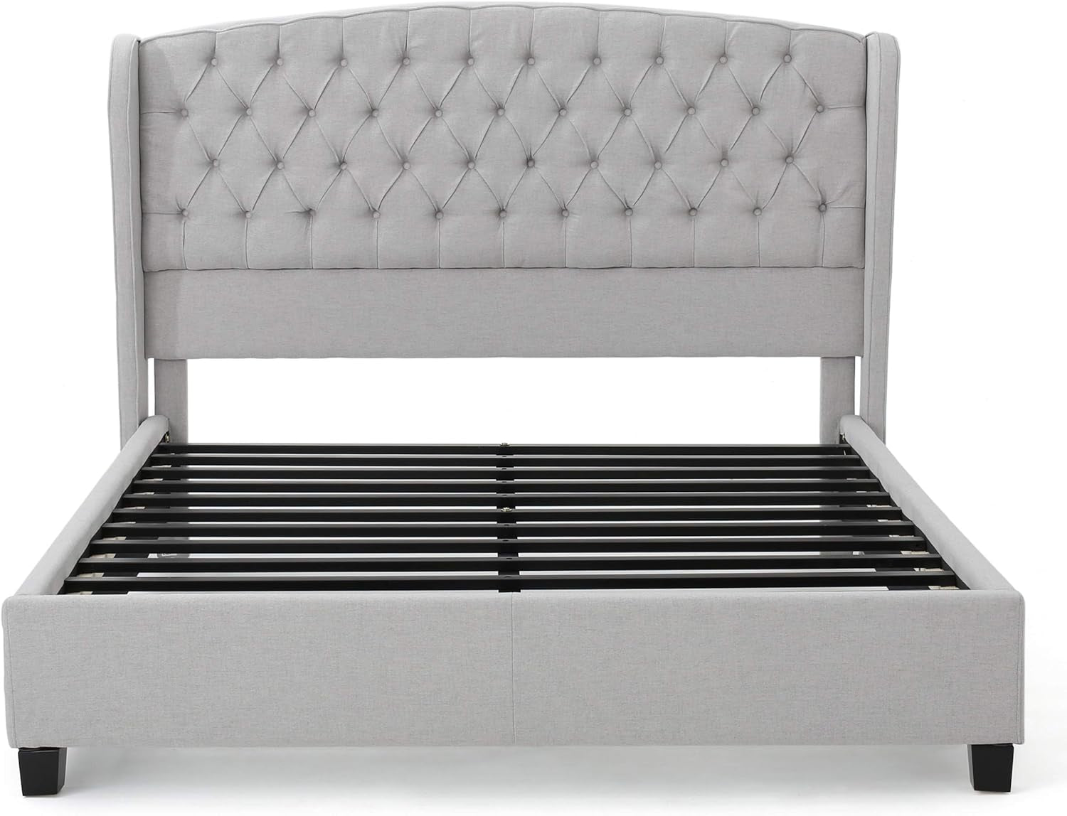 Fully-Upholstered King-Size Platform Bed Frame, Low-Profile, Contemporary, Light Gray