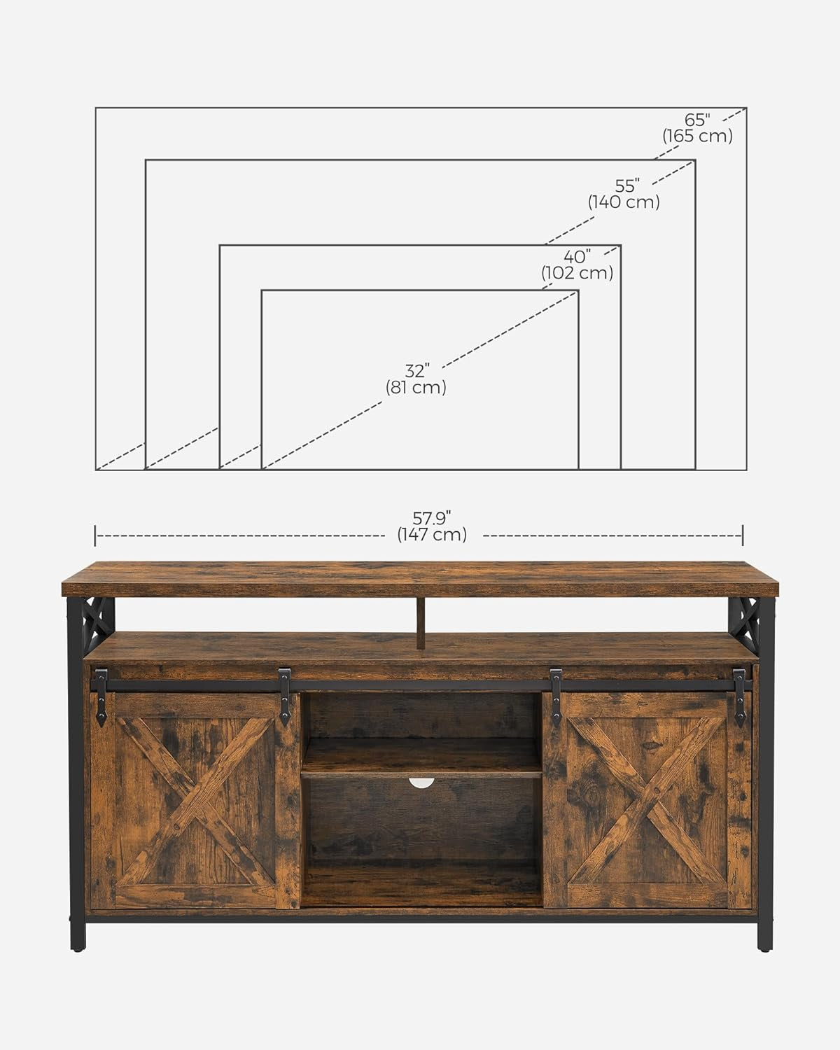 TV Stand for 65 Inch TV, Entertainment Center, TV Table and Console, TV Cabinet with Adjustable Shelves, Industrial Design, Rustic Brown and Black ULTV071B01