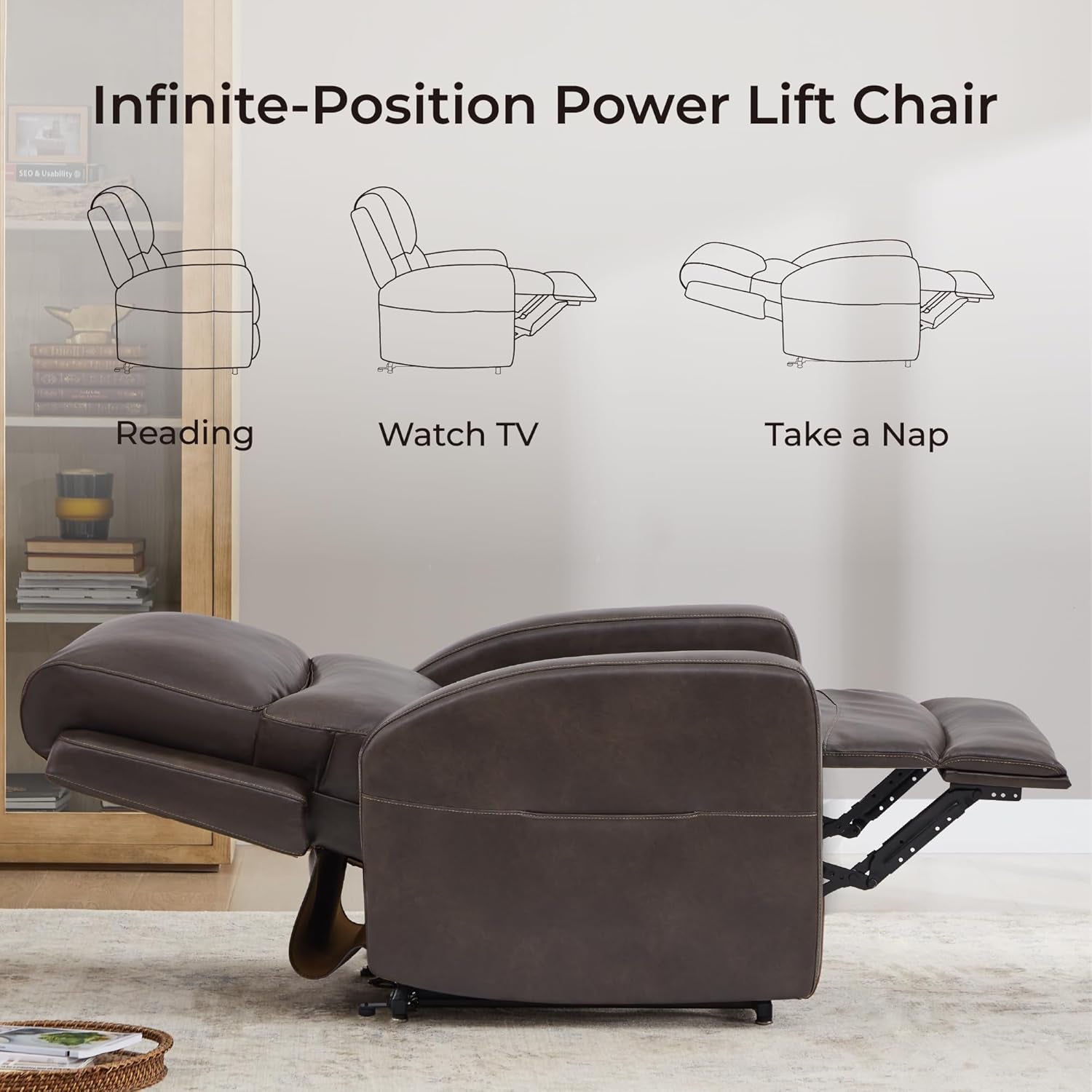 Electric Power Lift Recliner Chair for Elderly with Massage and Heat, Faux Leather Recliner Chair for Adults, Dual Motor Lay Flat Chair, Infinite Position, USB Ports, Chocolate