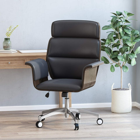 Leander Mid-Century Modern Swivel Office Chair, Black + Gray + Silver