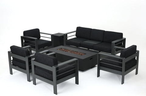 Cape Coral Outdoor Aluminum 7 Piece Conversation Set with Water Resistant Cushions and Rectangular Fire Table, 76.25 "W X 27.50 "D X 24.6 "H, Dark Gray + Gray