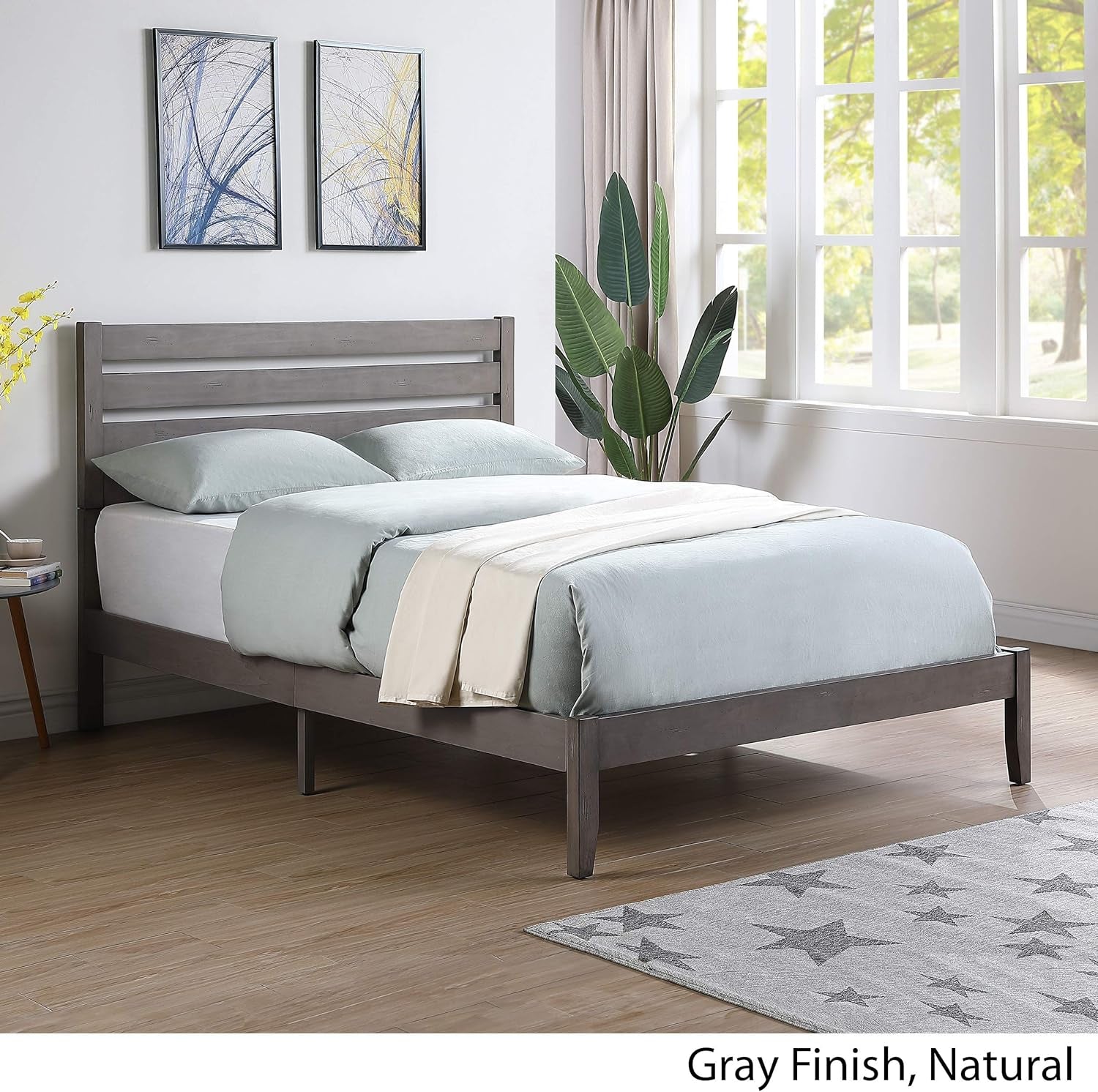 Queen Size Bed with Headboard, Natural and Gray Finish