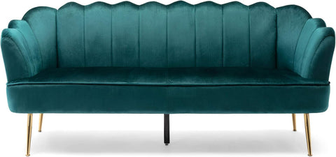 Reitz Channel Stitch 3 Seater Shell Sofa - Velvet - Teal/Gold